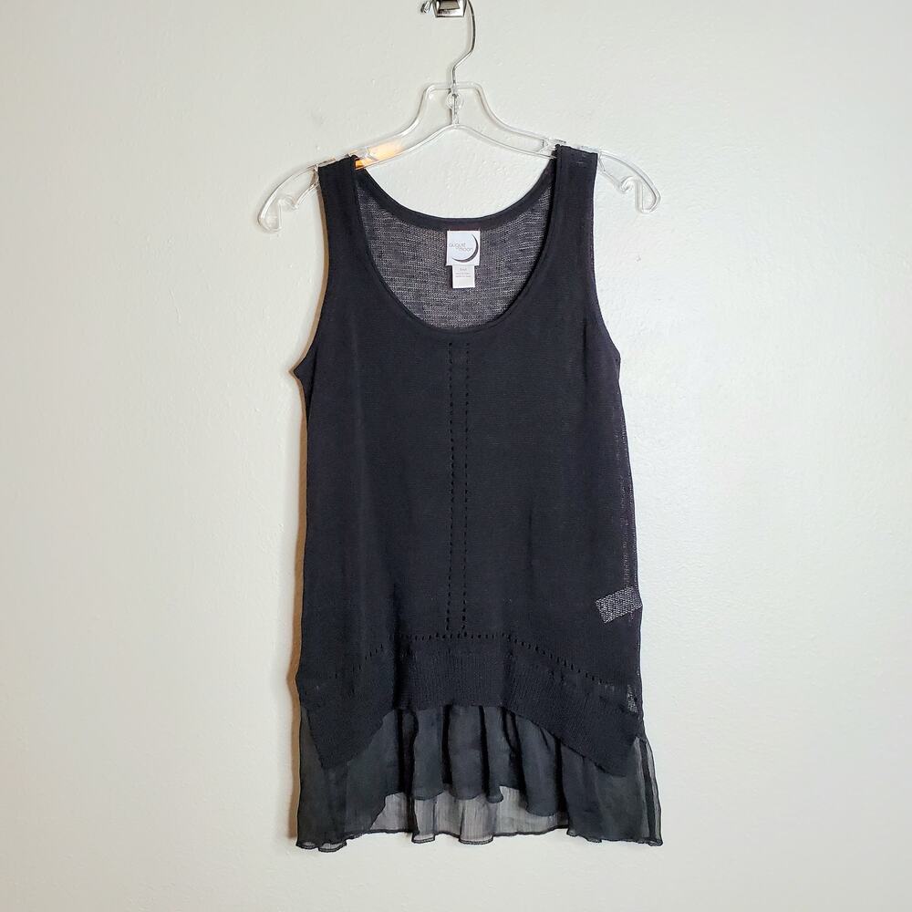 Black Linen Blend Semi Sheer Pointelle Knit Tank S Dark Fairy Elegant Layer Top